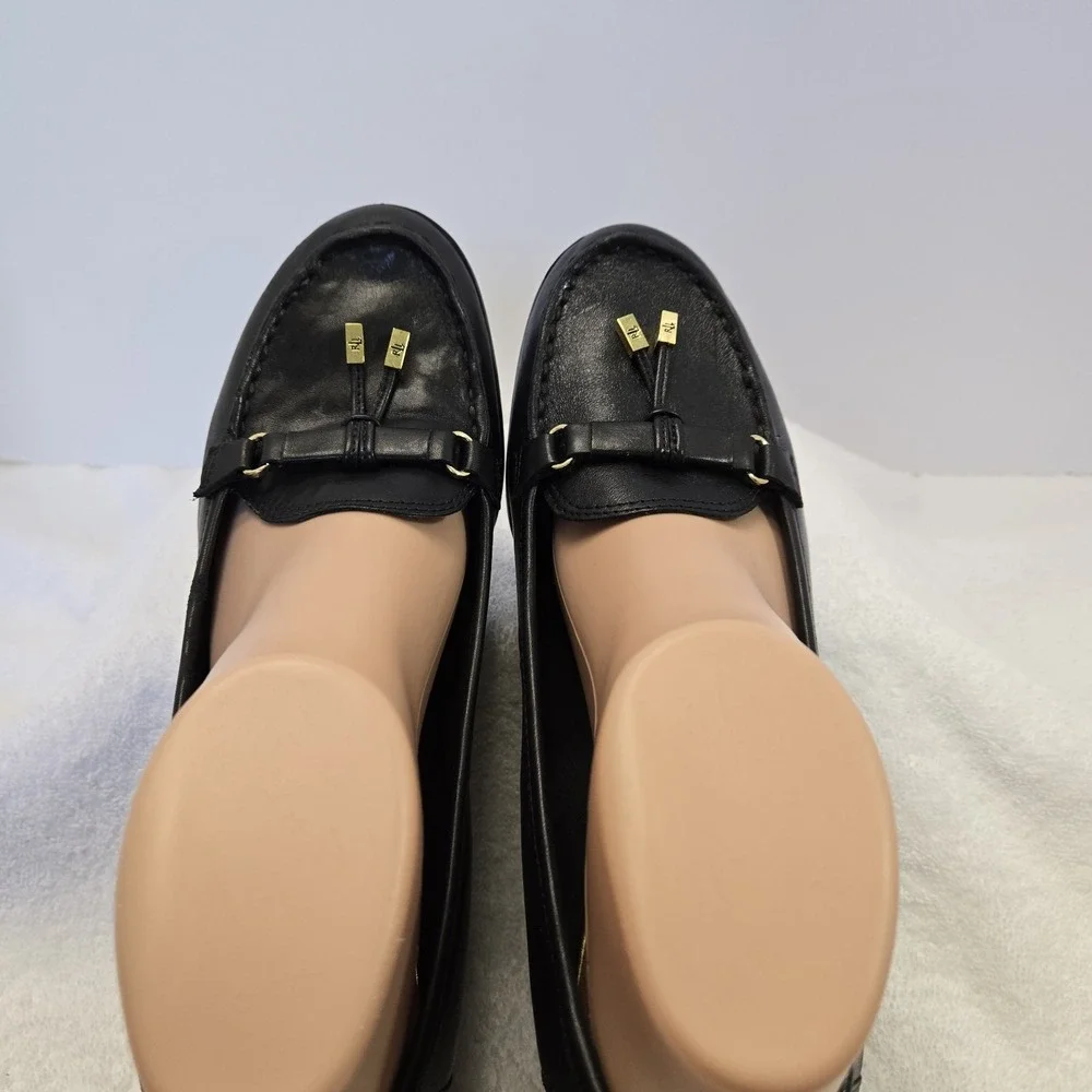 Lauren Ralph Lauren Rory Black  Leather Tassel Loafer Wedge Heels Women 9.5 B
